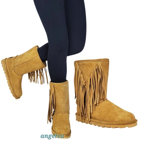 New Bearpaw Cherilyn suede fringe winter boots iced coffee wool blend fur pull - Picture 1 of 16